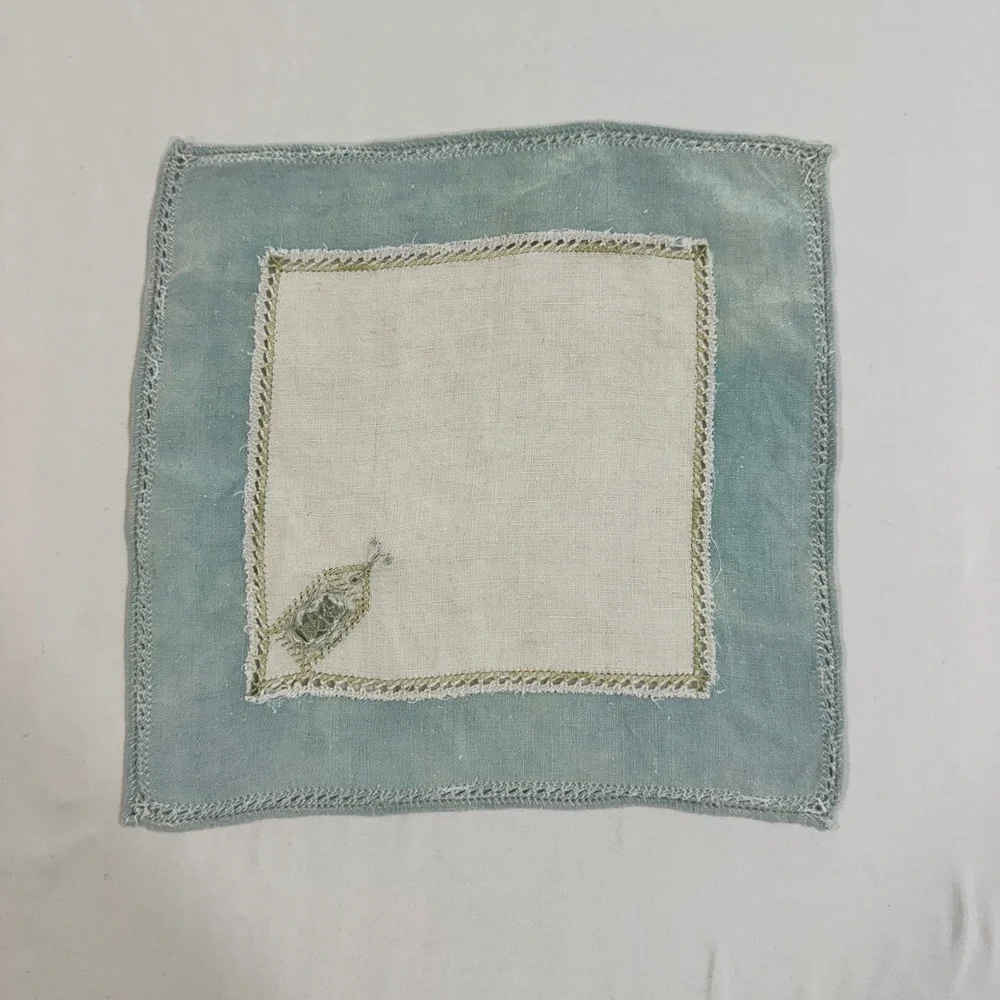 Vintage Linen Handkerchief Blue Cream Embroidered Lace Trim Square Pocket Square